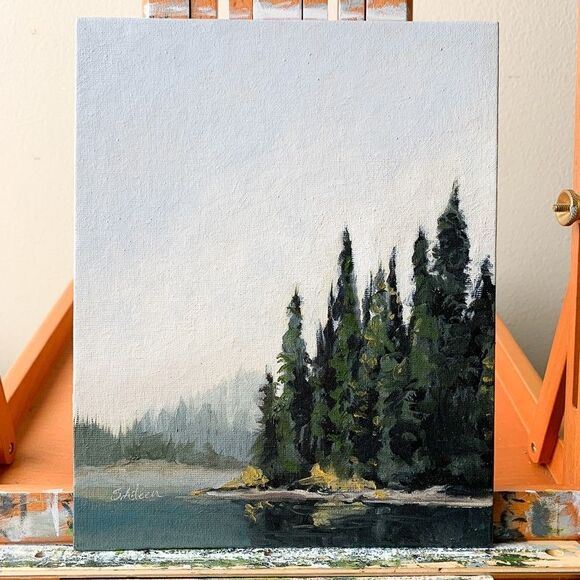 Original Oil Landscape Painting Coastal Maine Calm Lake Tall Pines Signed 8x10" - Picture 3 of 6